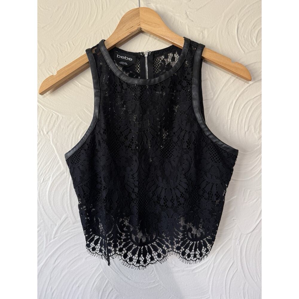 Bebe Black Lace Crop Top Faux Leather Trim Sleeveless Zip Back Party Club Size 4